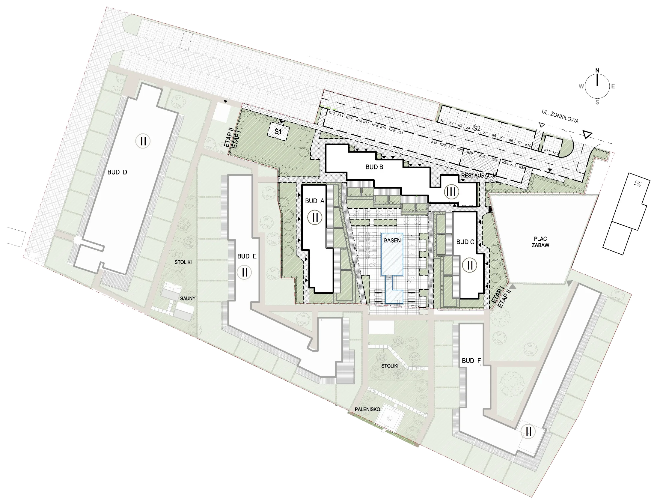 Plan zagospodarowania terenu SO!RESORT — budynki A, B, C wokół patio z basenem
